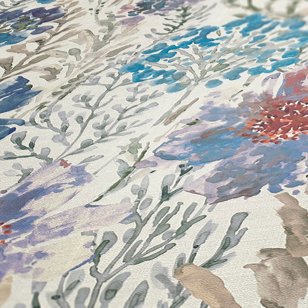             Bloemrijk en bloesem weide vliesbehang in aquarel stijl - blauw, wit, grijs
        