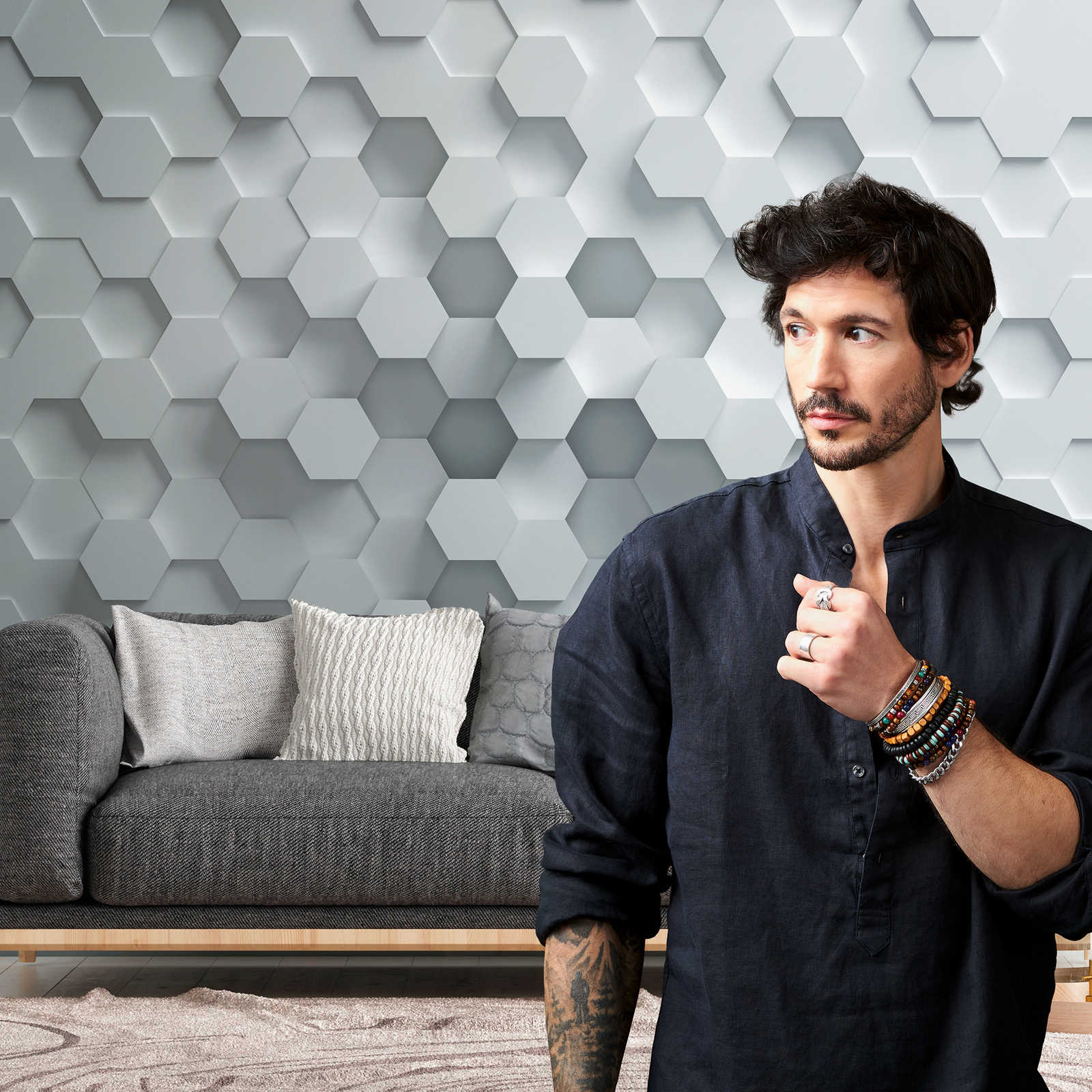         Tapeten-Neuheit | 3D Motivtapete mit Wabenmuster, Weiß & Grau
    