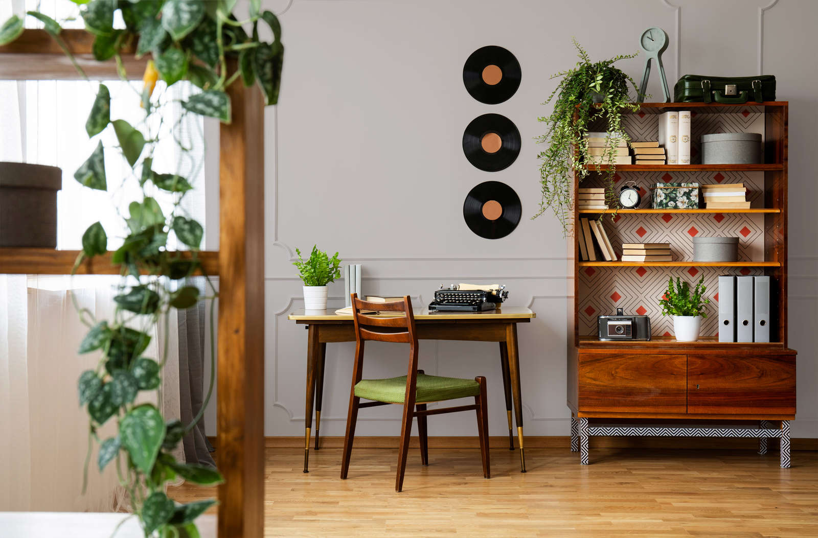 wohnzimmer, schreibtisch, tonband, regal, pflanzen