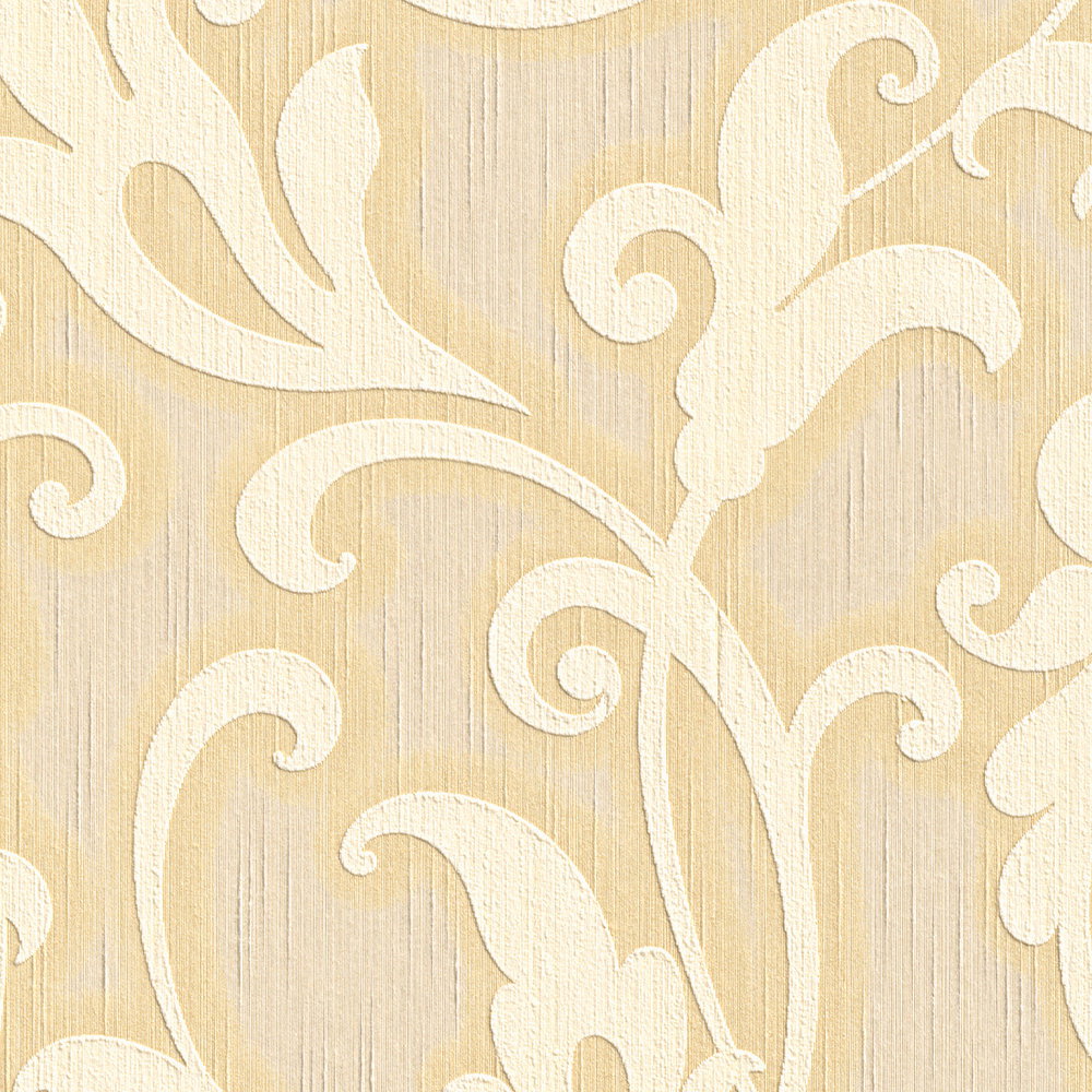             Barocktapete mit Textilstruktur & Prägemuster – Gelb, Gold
        