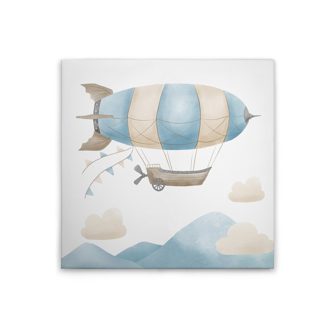Leinwandbild Luftschiff über den Bergen - Sanfte Himmelslandschaft für stilvolle Wanddekorationen im Kinderzimmer – 30 x 30 cm - Beige, Blau