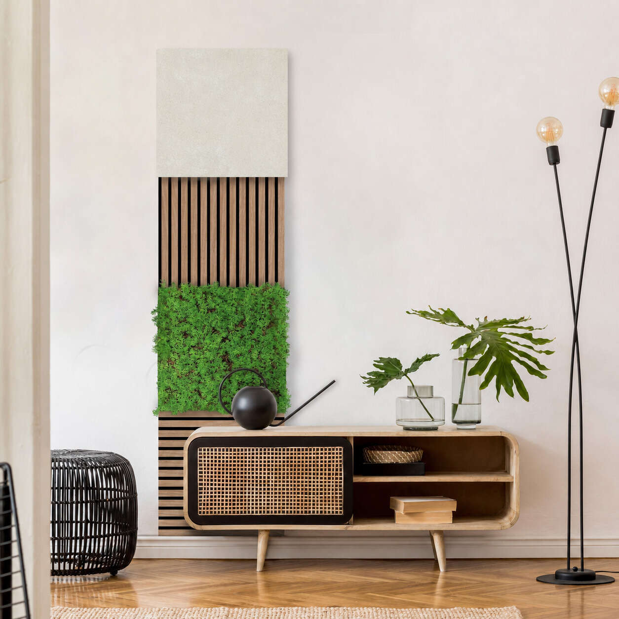 sideboard, Schrank, Lowboard, Holzmöbel, grüne Wandkunst