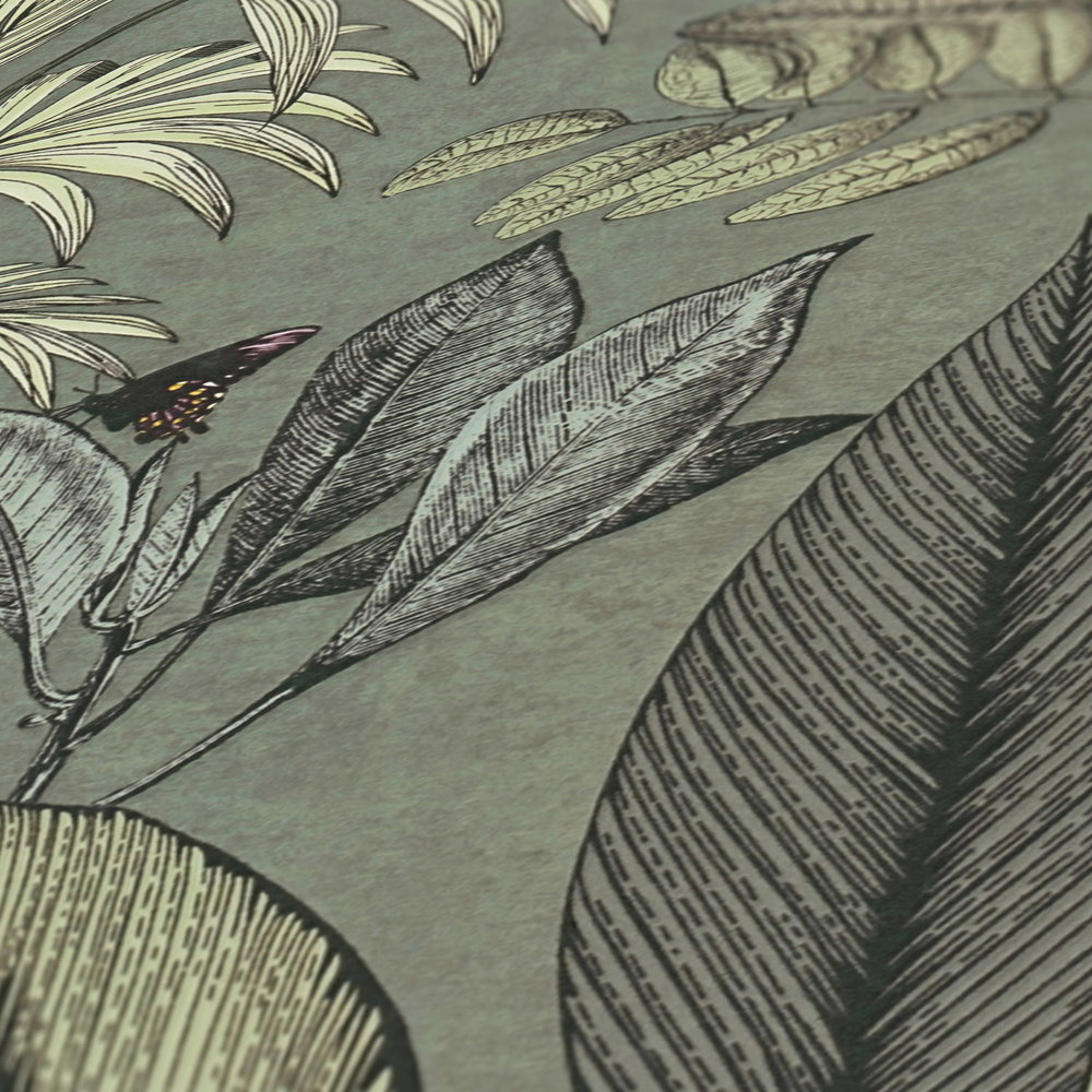             Dschungel Tapete Blätter, Blumen und Vögel – Grau, Grün
        