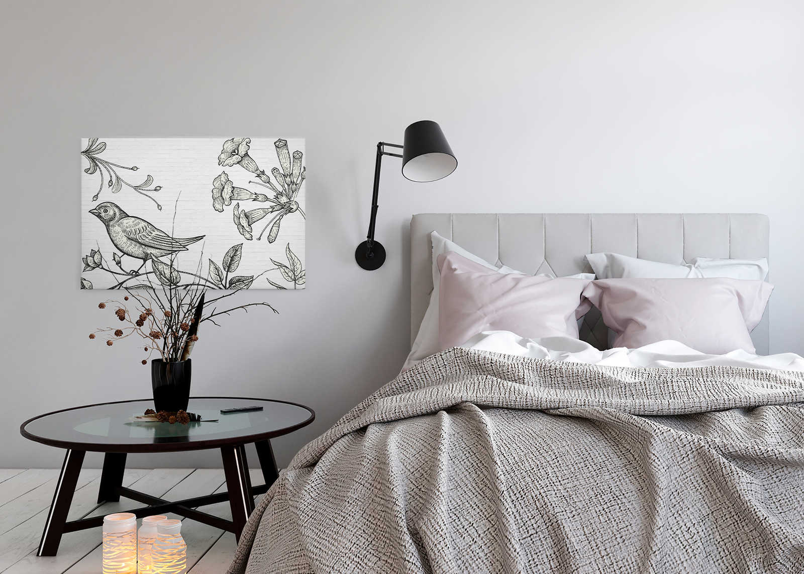             Steinwand Leinwandbild mit Vogel & Blumen Grafik – 0,90 m x 0,60 m
        