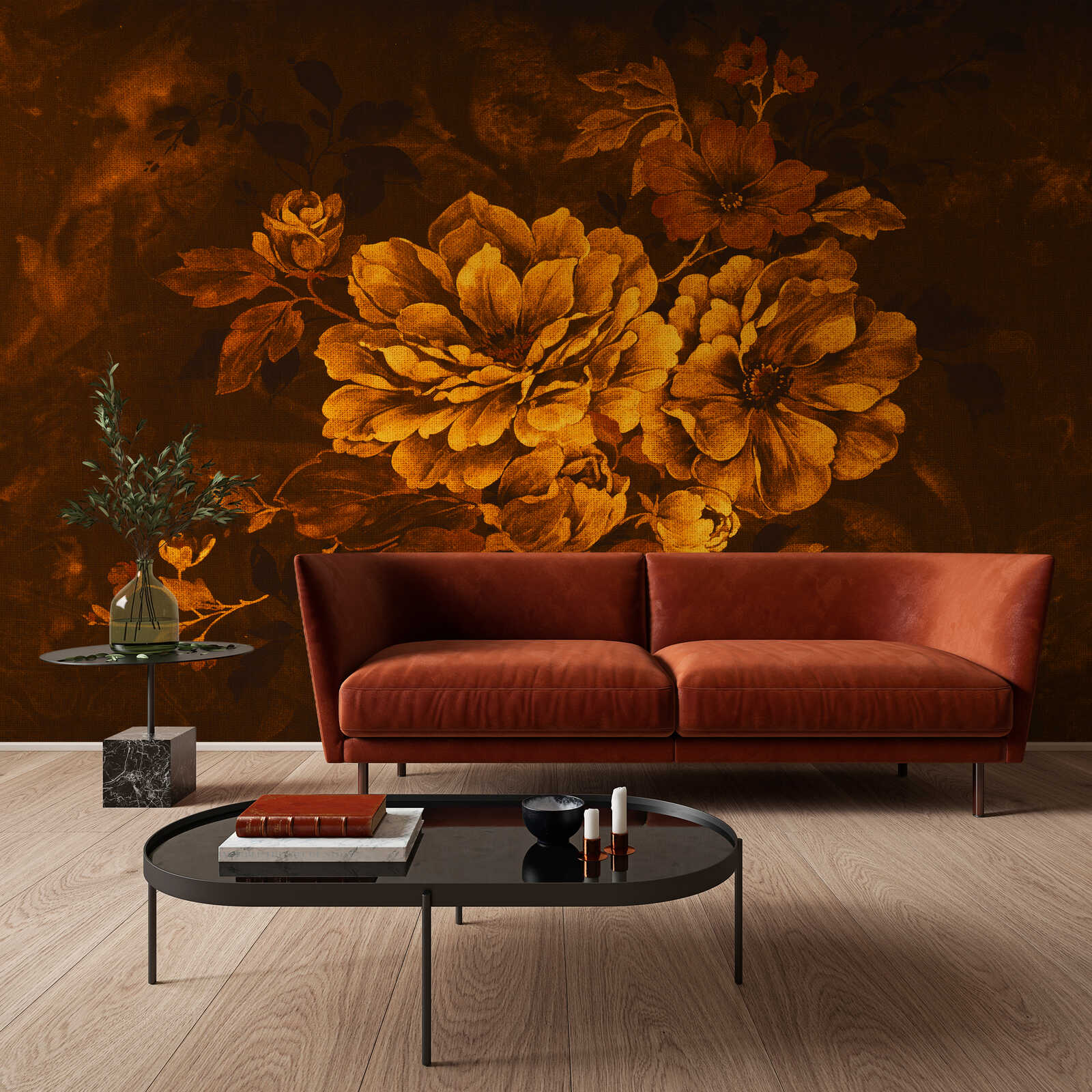 Sofa, Rotes Sofa, Wandtapete, Blumenmuster, Wohnzimmer