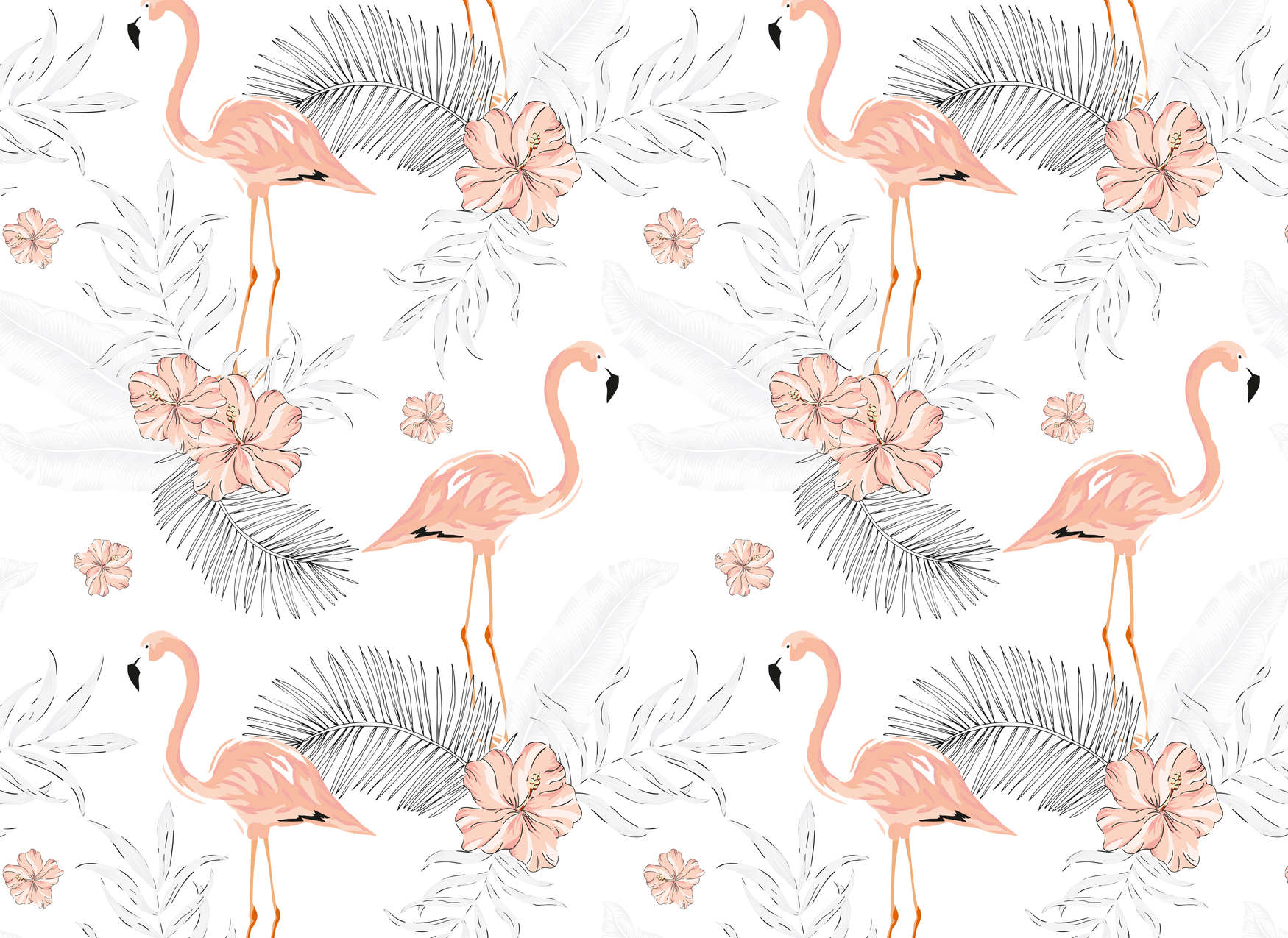             Papier peint Flamants & plantes tropicales - blanc, rose, gris
        