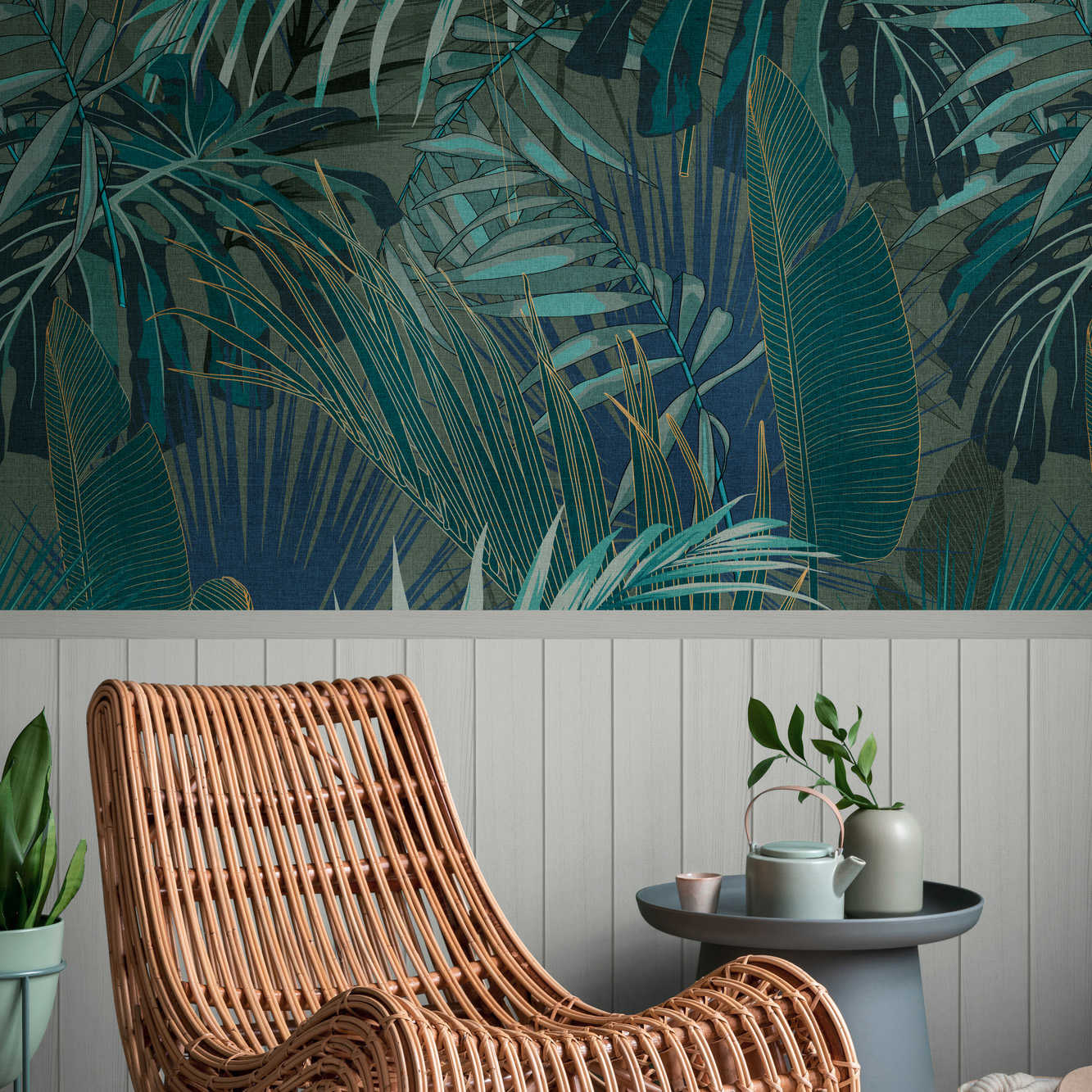         papier peint en papier intissé à motifs avec bordure de plinthe imitation bois et motif jungle - gris, bleu, turquoise
    