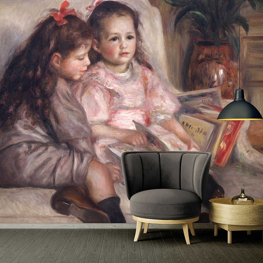 Wandmalerei, Kinder lesen, rosa kleid, sanfte pastellfarben, innenbereich