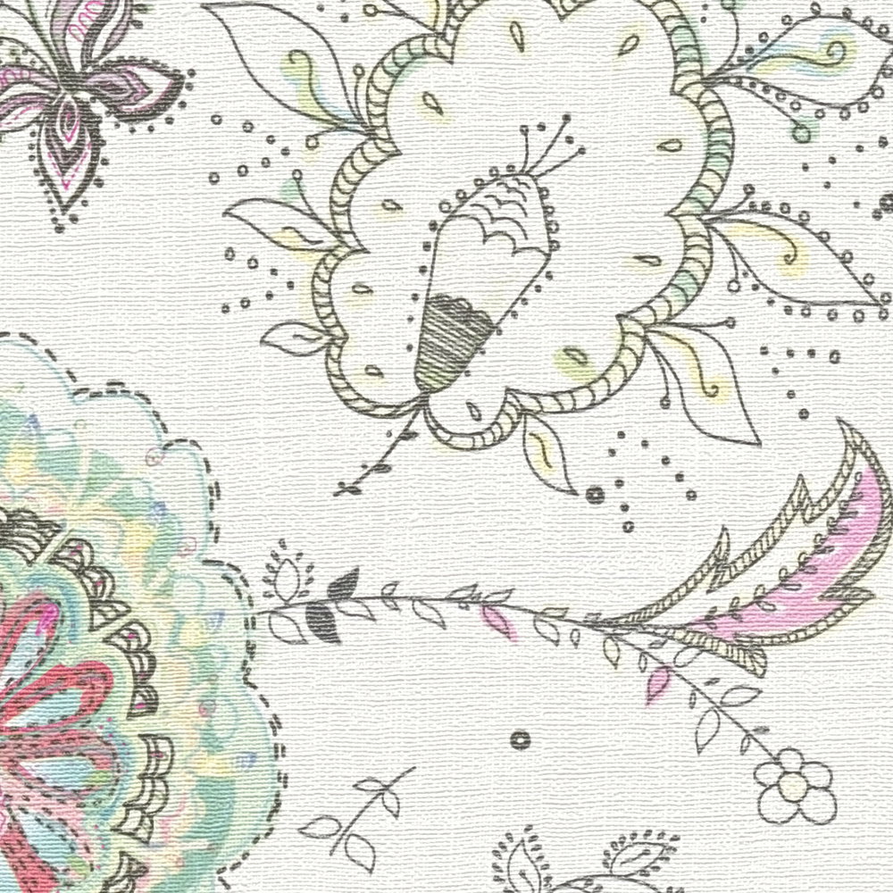 Floral pattern wallpaper in bold colours - cream, green, pink