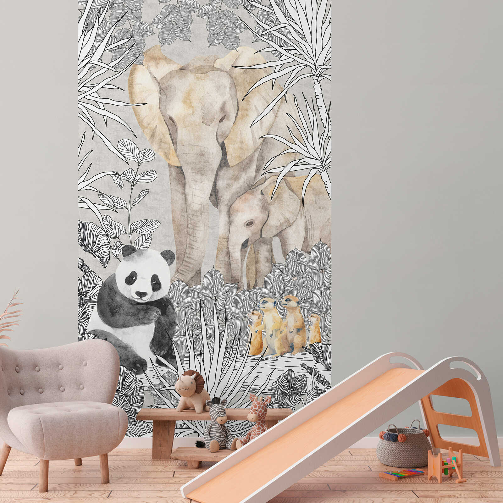         Safari-Freunde Vliestapeten Panel 159cm Breite x 280cm Höhe – Elefanten, Pandas und Erdmännchen in harmonischen Farben, glatte Oberfläche – Beige, Grau, Schwarz
    