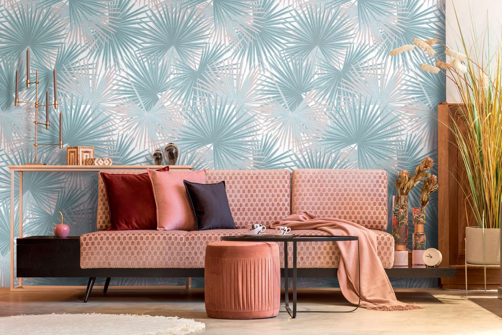             Vliestapete mit großem Blattmuster – Blau, Beige, Weiß
        