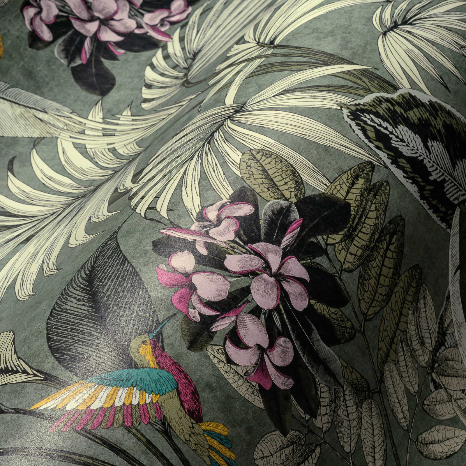             Dschungel Tapete Blätter, Blumen und Vögel – Grau, Grün
        