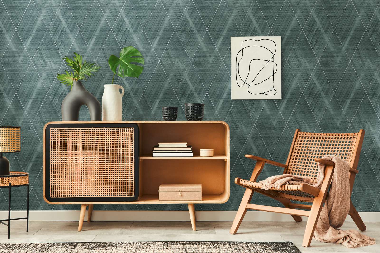             Rauten Tapete mit melierter Textiloptik – Metallic, Grün
        