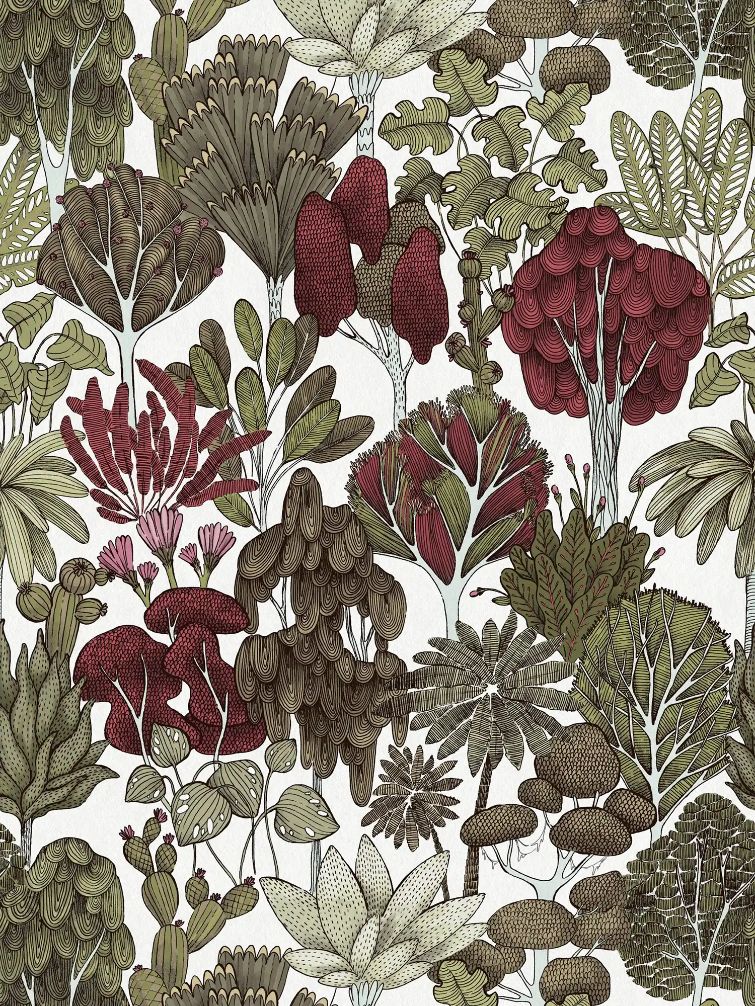         Tapete Bäume & Palmen im Doodle Design – Grün, Gelb, Weiß
    