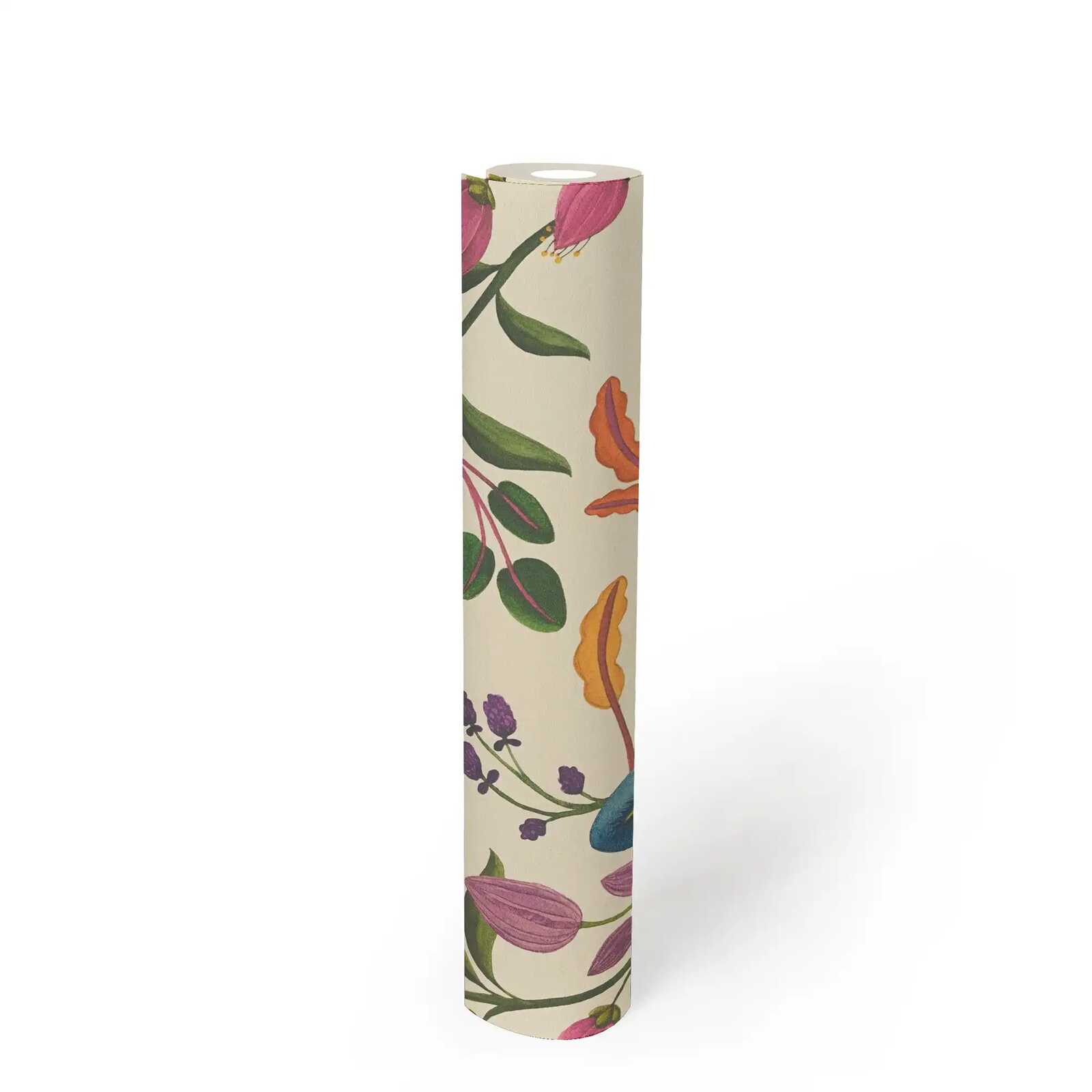             Lebhafte Vliestapete mit Blättermotiv im floralen Vintage-Stil und einfacher Struktur – Beige, Bunt
        