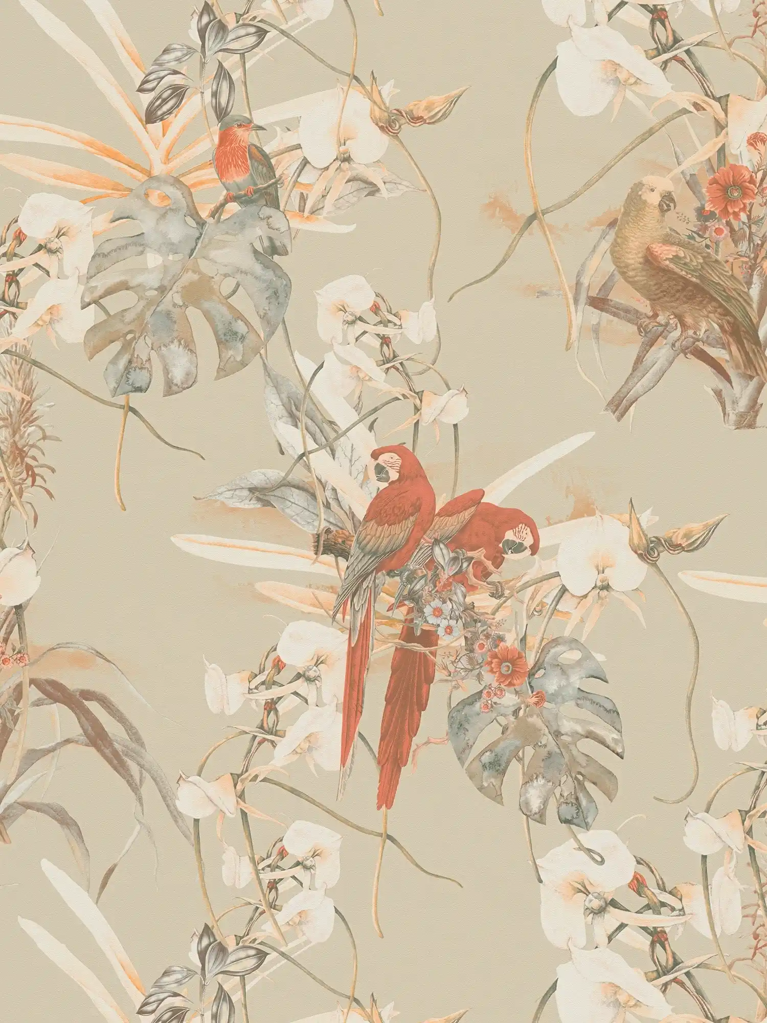         Papier peint design tropical, perroquet & fleurs exotiques - beige, marron
    