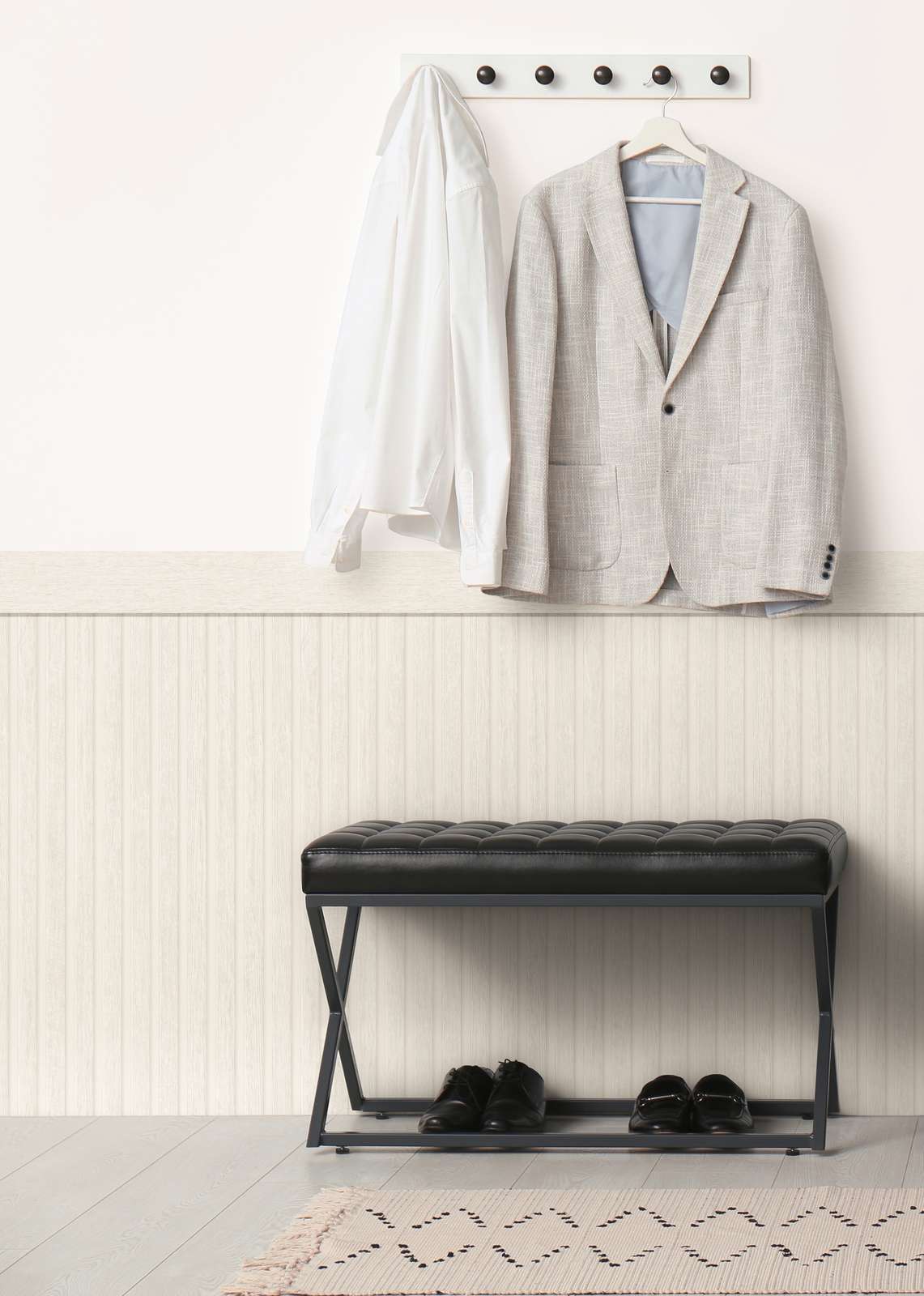             Vlies-Wandpaneel mit realistischen Akustik-Paneel Muster aus Holz – Weiß, Grau
        