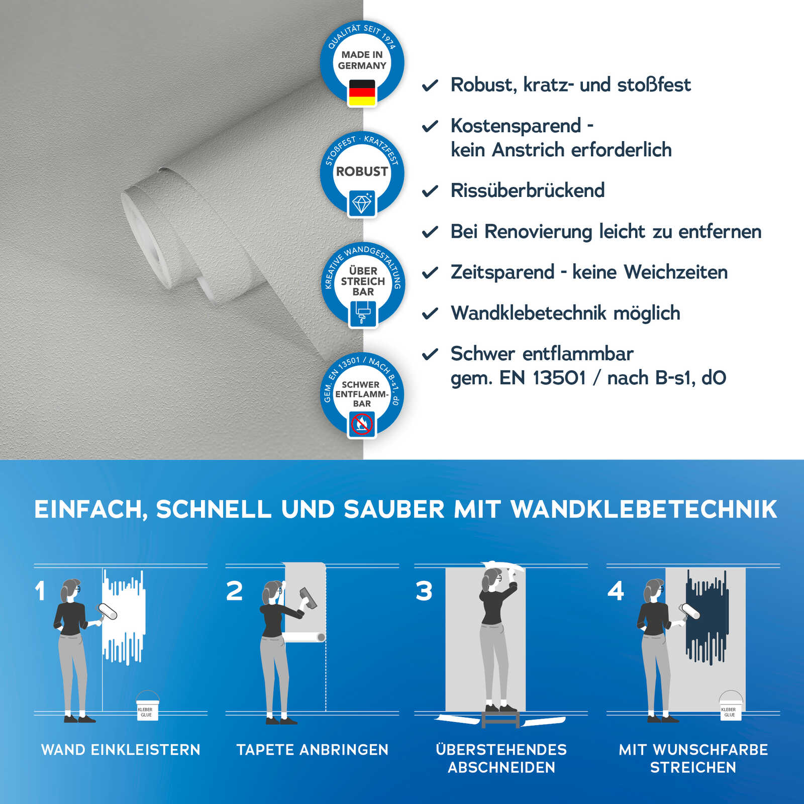             Strukturtapete mit feiner Raufaser-Optik – Weiß
        