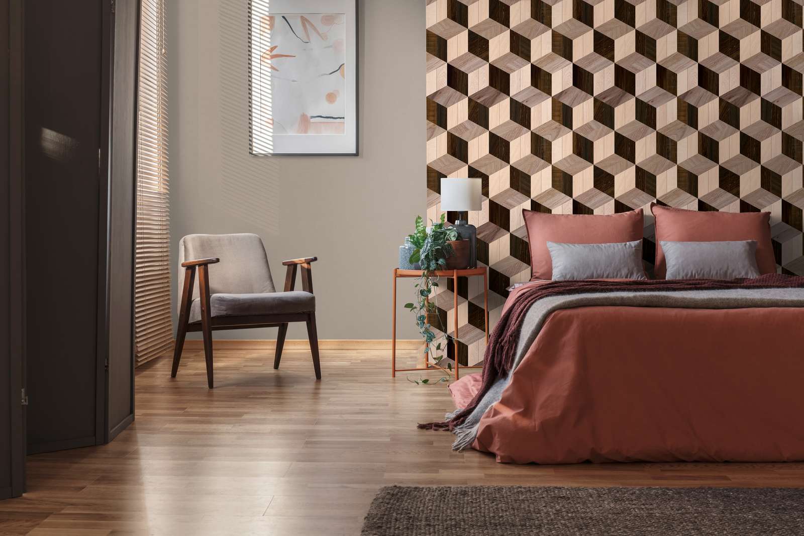             3D Vliestapete mit geometrischem Holzwürfelmuster und einer großflächigen Musterwiederholung – Braun, Beige
        
