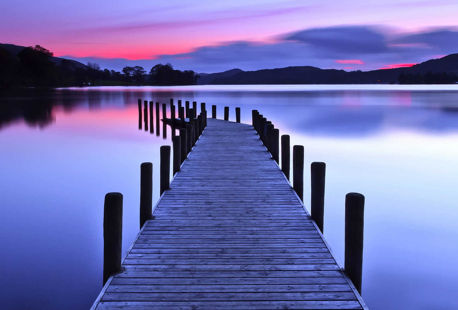         Photo wallpaper sunset on the lake with bridge
    