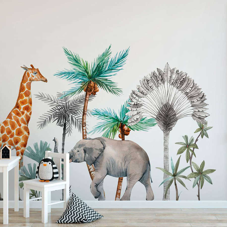 wandtierzoo, tropische wand, elefant, giraffe, palmen