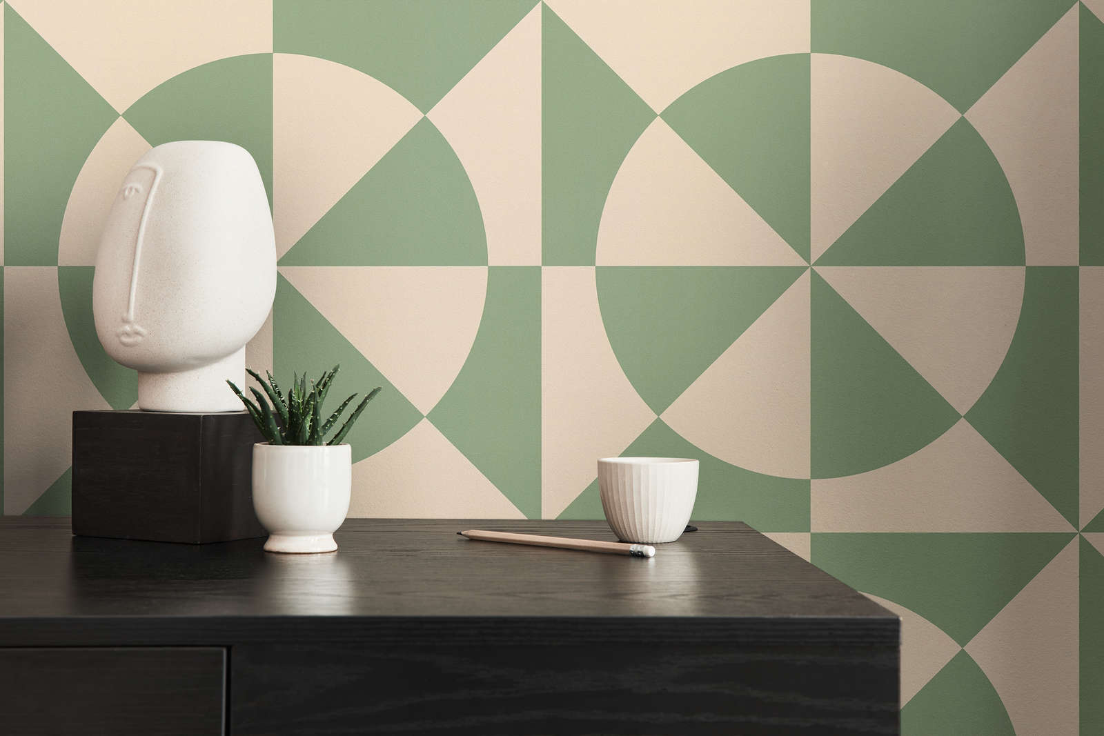 Vliestapete mit Kreismuster &amp; geometrischen Formen – Beige, Grün