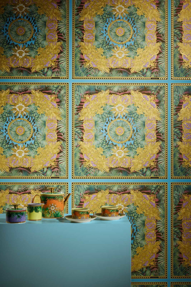 Colourful VERSACE wallpaper • gold ornament and jungle motif
