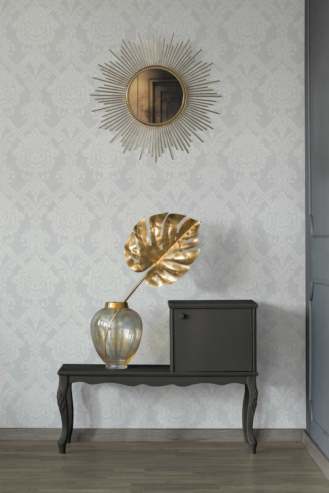 deko-stillleben, wandtisch, vase-glass, blatt-schmuck, spiegel-rund