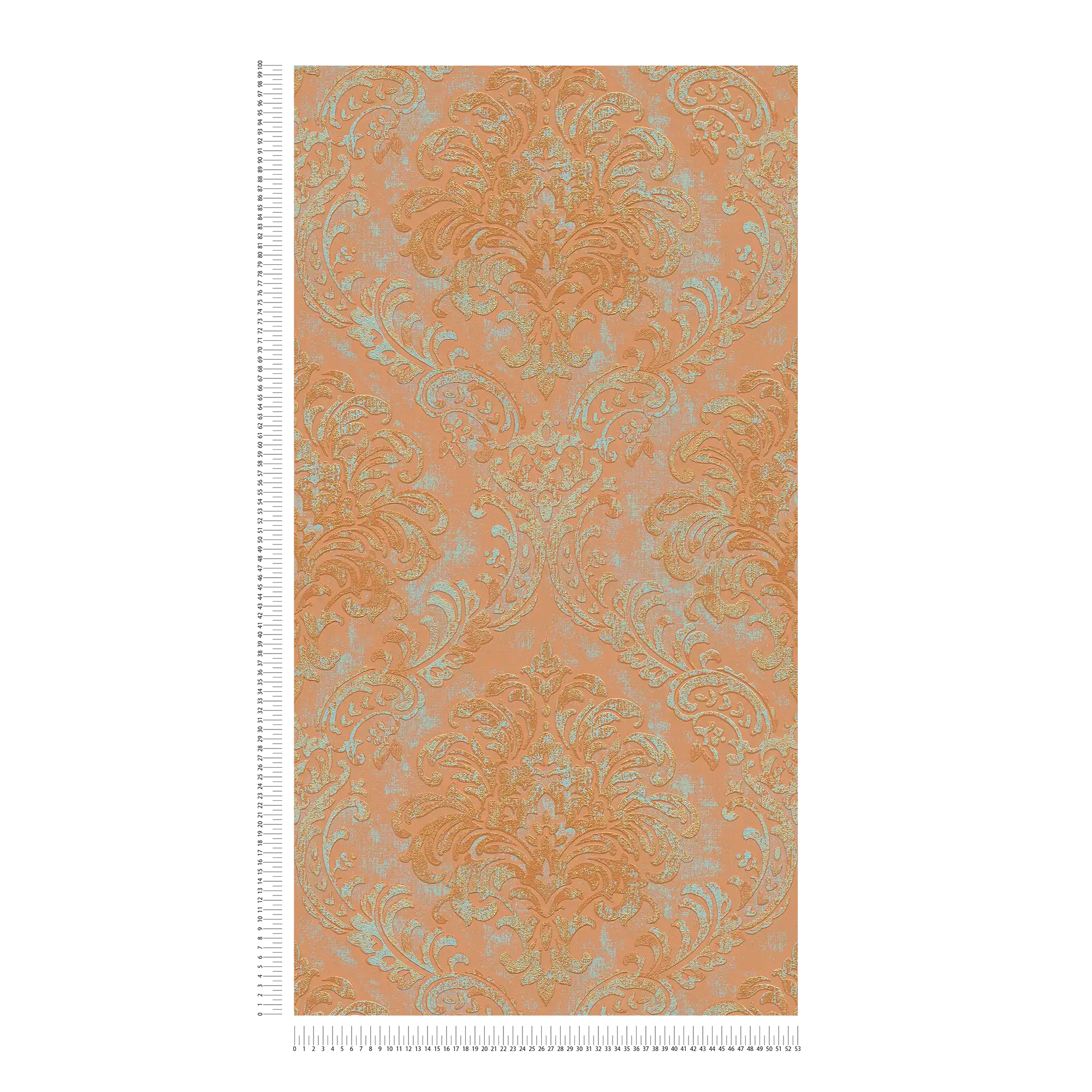             Metallic-Look Vliestapete mit Ornament – Orange, Rosa, Türkis
        
