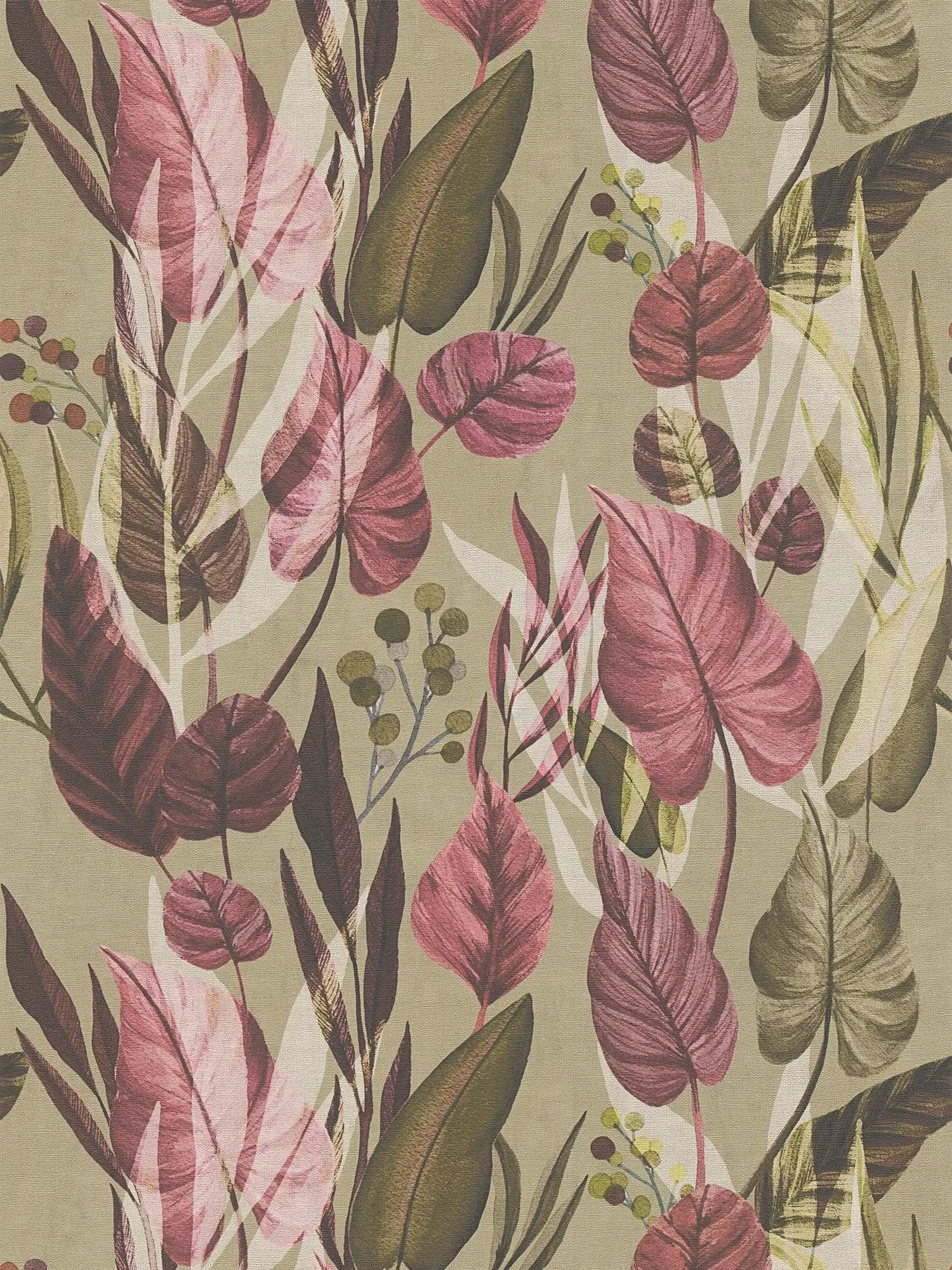 Stilvolle Vliestapete mit wildem Blättermotiv, feine Struktur – Braun, Pink