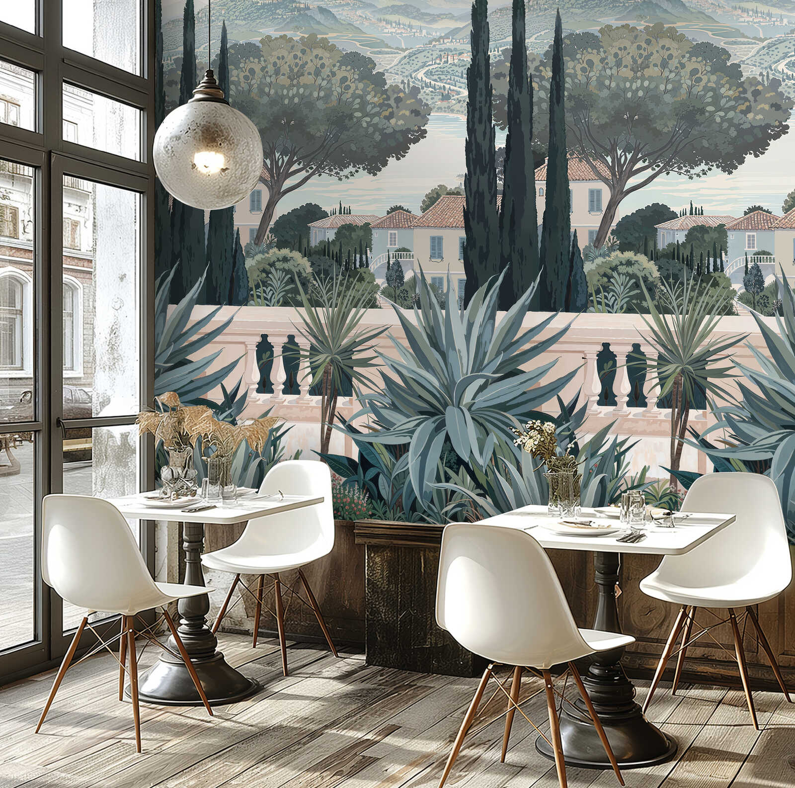 Vliestapeten Panel "Tuscan Garden" 159cm Breite x 280cm Höhe - Toskanische Landschaft mit See und Sträuchern, glatt – Grün, Blau