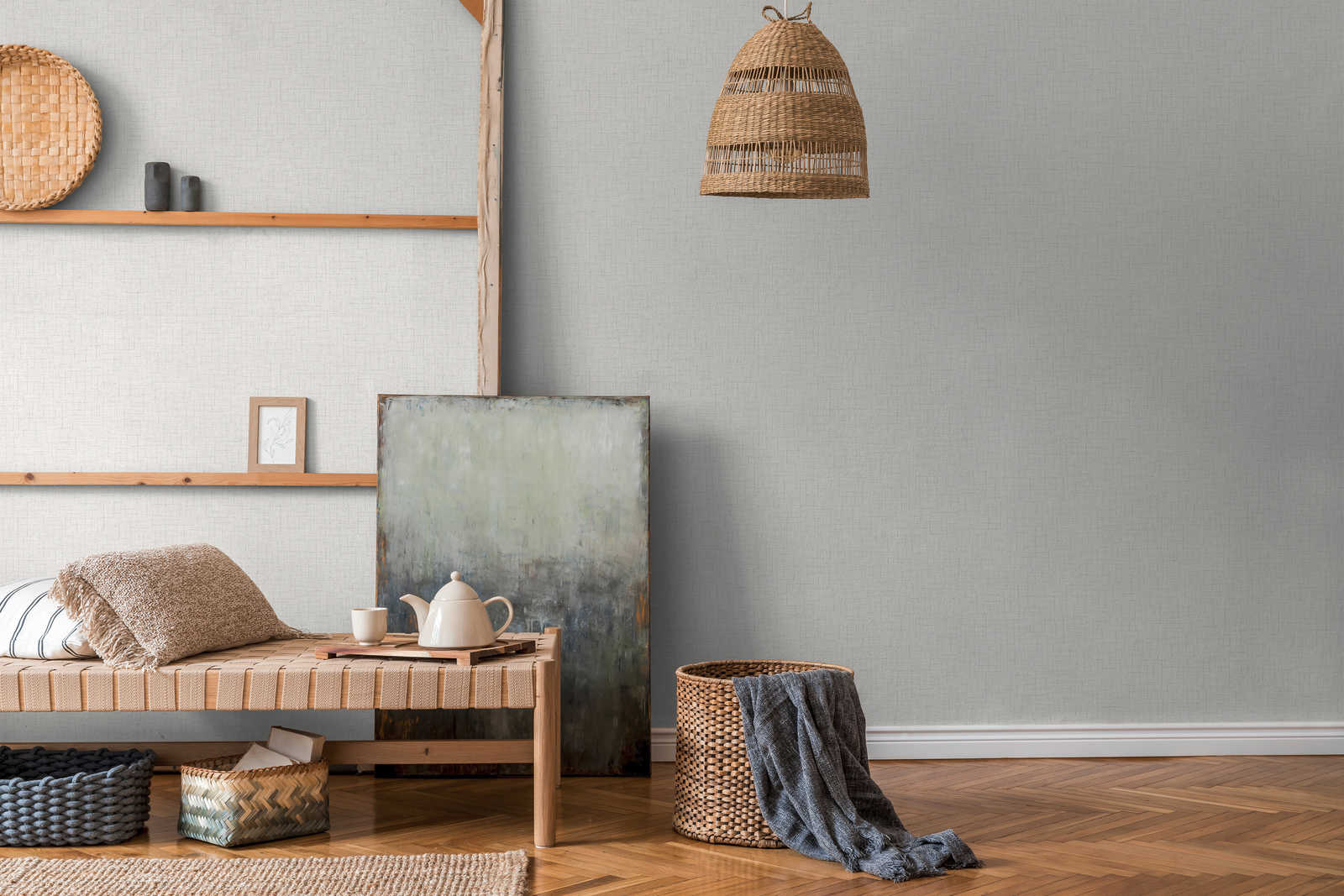             Neutrale Unitapete mit Leinenoptik – Grau, Weiß
        