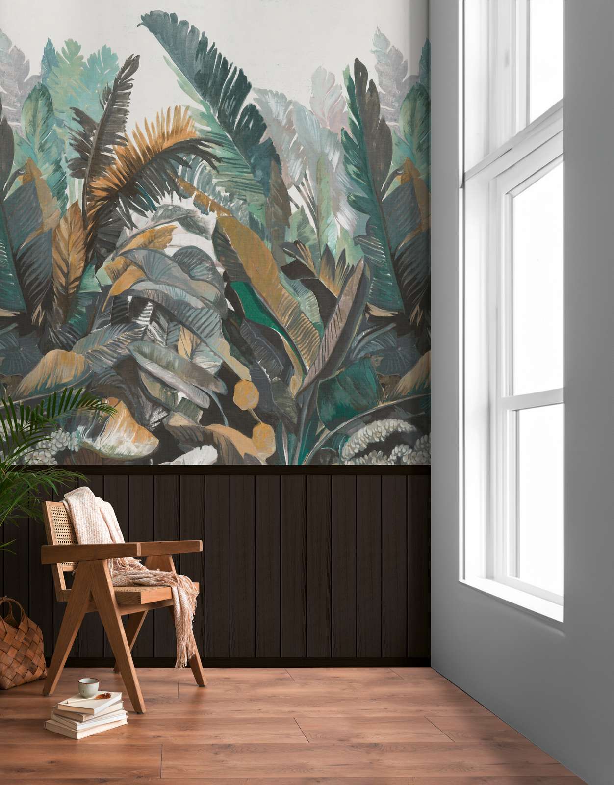             Vlies-Motivtapete mit Holz-Optik-Sockelborte und Dschungelmuster – Schwarz, Grün
        