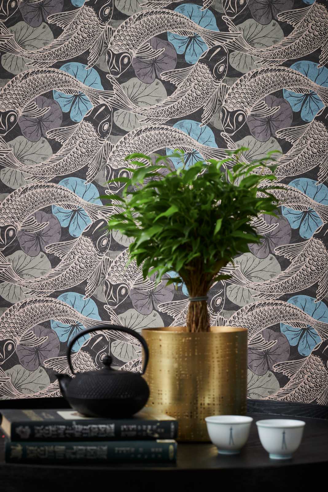             Vliesbehang Aziatisch Koi design met metallic effect - blauw, metallic, zwart
        