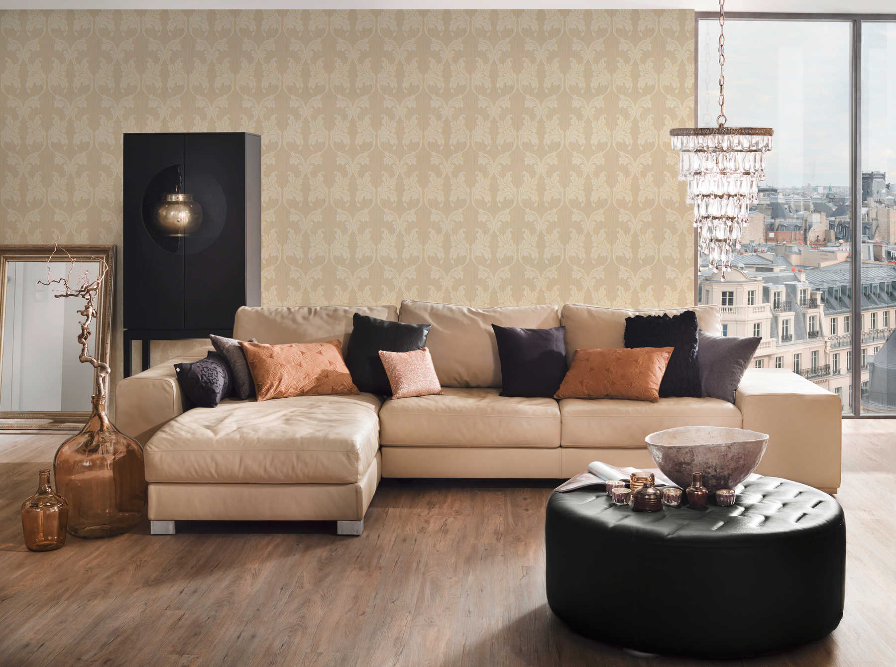             Textil Tapete mit Barock Ranken – Beige, Gelb
        