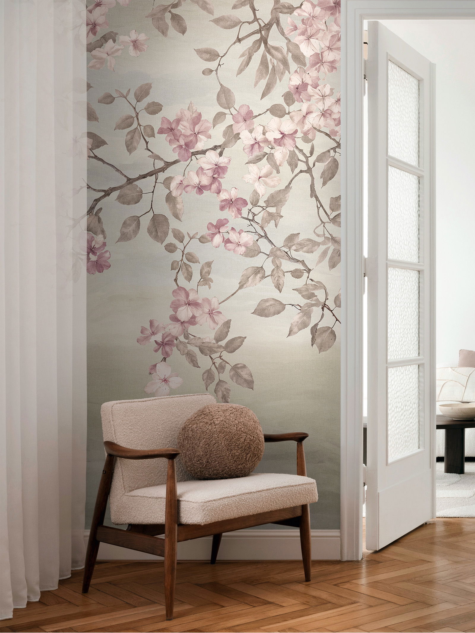 COSMOLiving - motif wallpaper with hanging cherry blossom branches - Suspending Spring - cream, pink, green