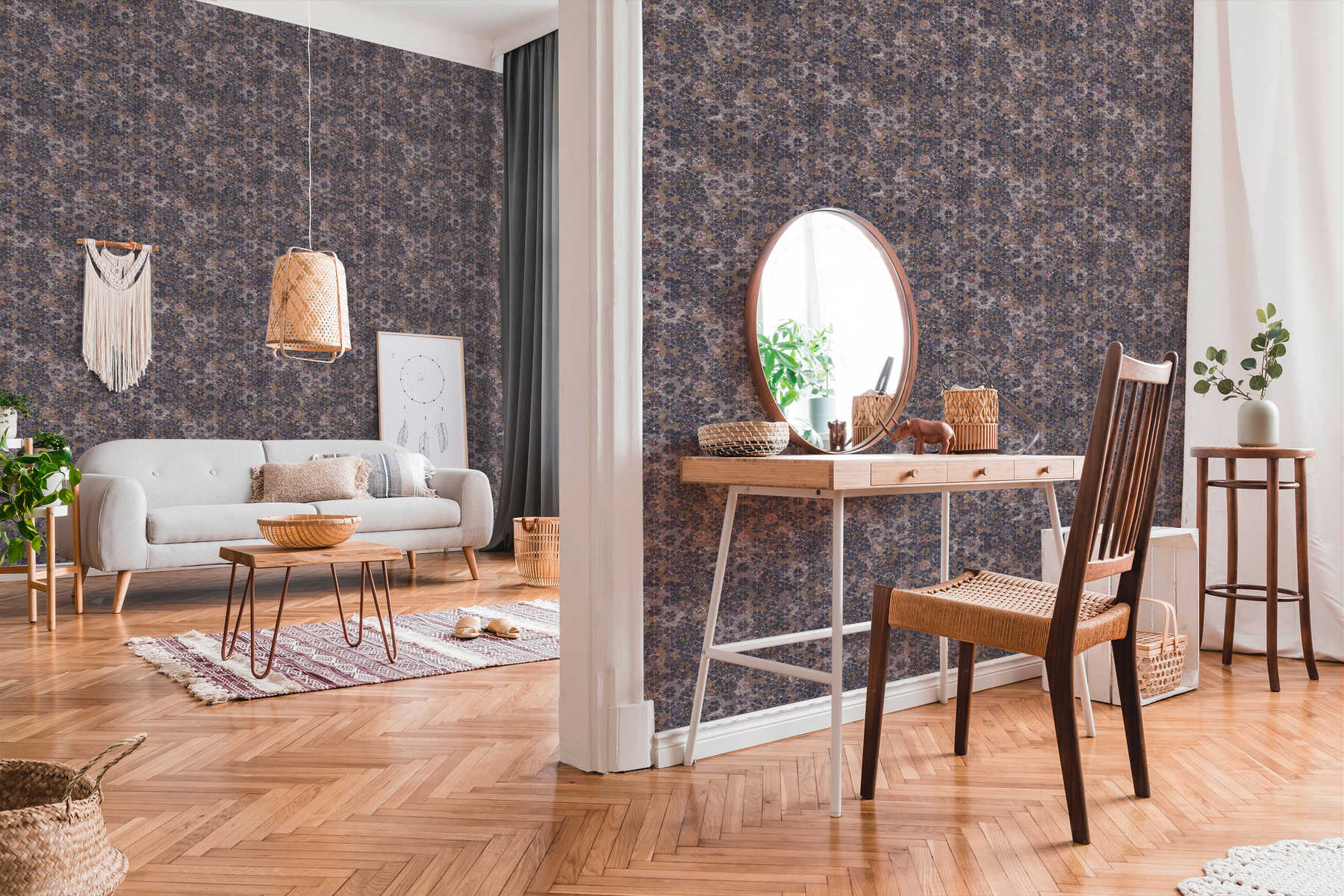             Papier peint intissé aspect carrelage avec reflets dorés - violet, marron
        