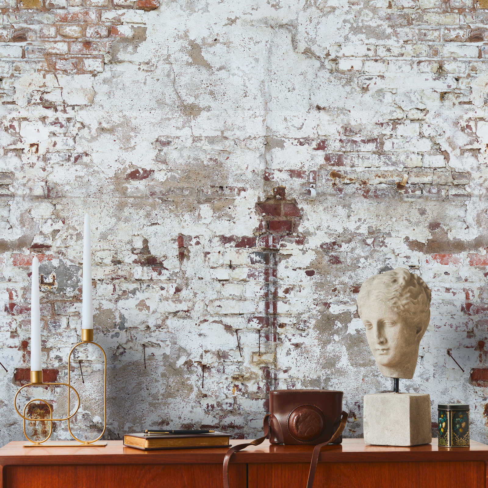         Papier peint pierre et béton aspect usé - blanc, crème, gris
    