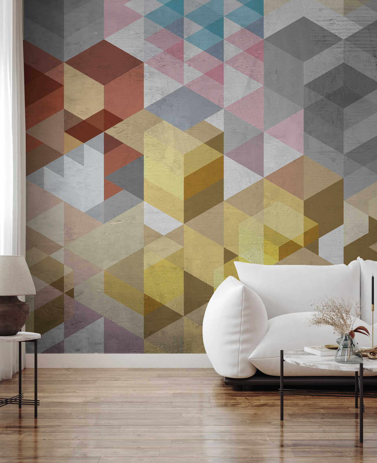 geometrische muster, wandtapete geometrisch, farbenmix, dreiecke muster, wohnzimmer wand