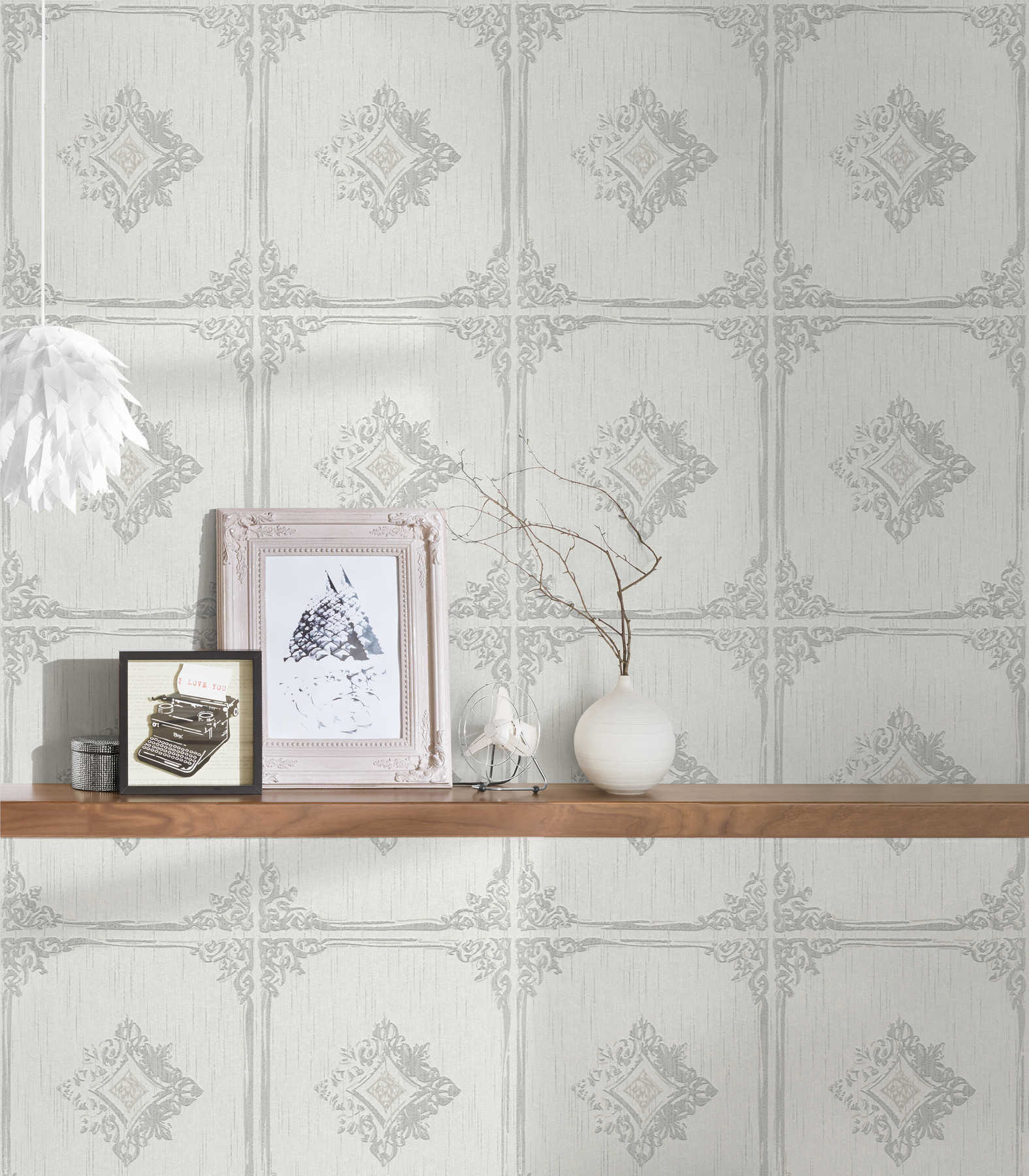             Tapete Vintage Stuck Design mit Ornament Kassetten – Grau, Weiß
        
