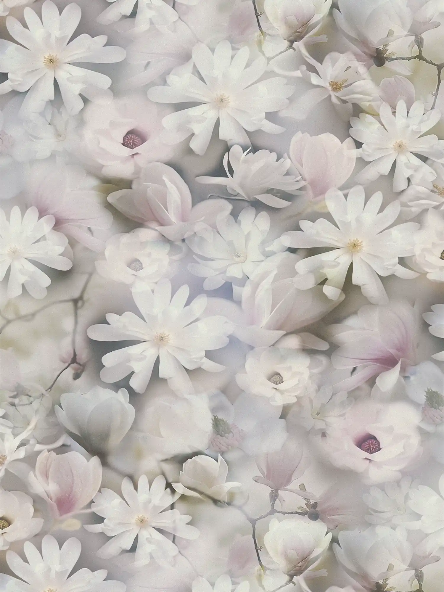         Tapete Blumen Collage in hellen Farben – Grau, Weiß
    