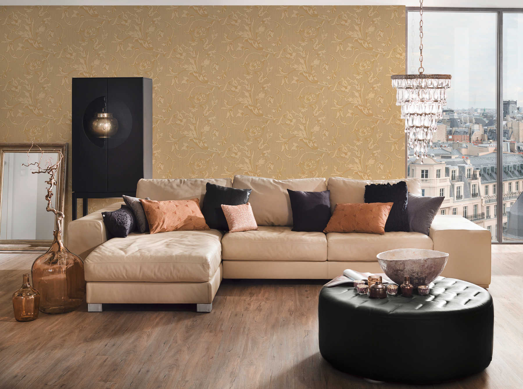             Barock Tapete mit Ornamenten Seiden Textiloptik – orange, Beige
        