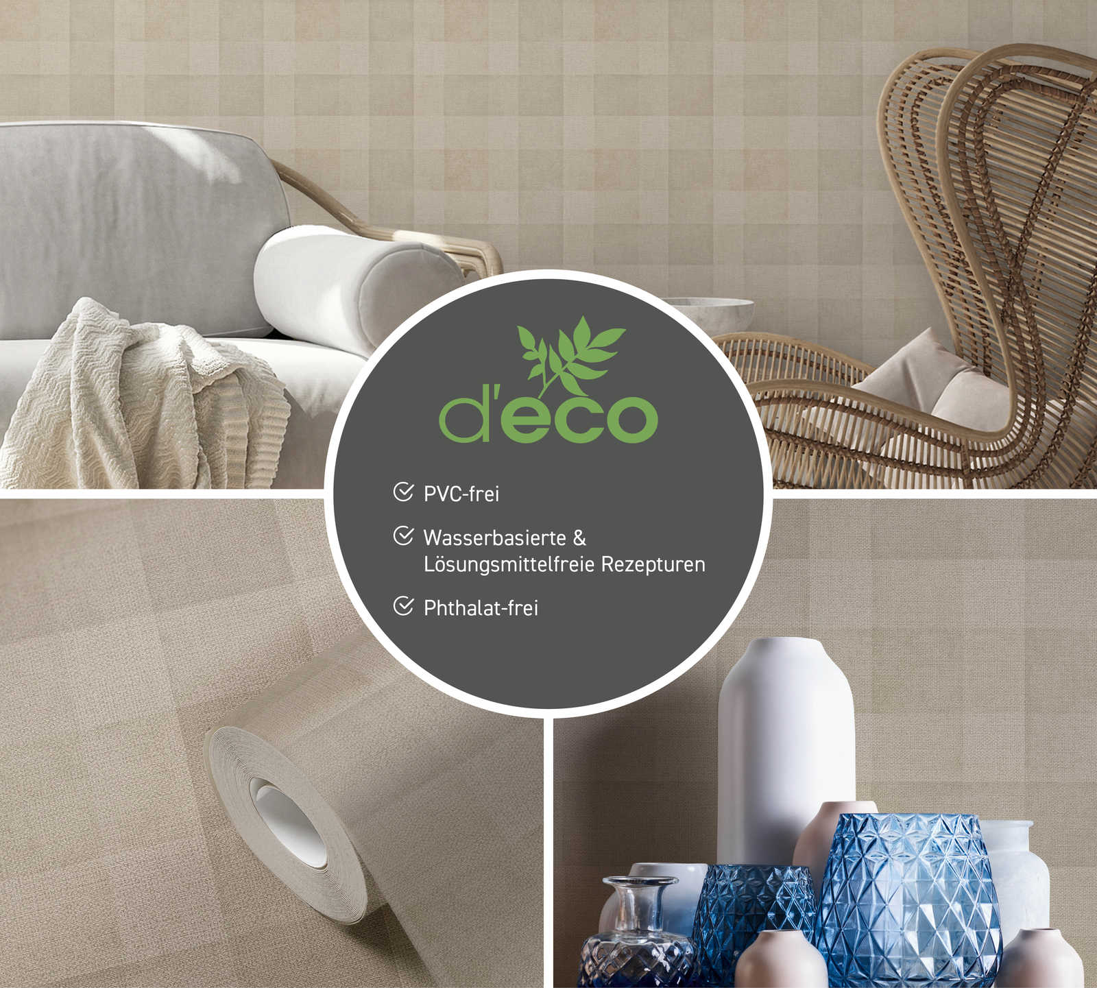             Vliesbehang met ruitpatroon & linnenlook PVC-vrij - bruin
        