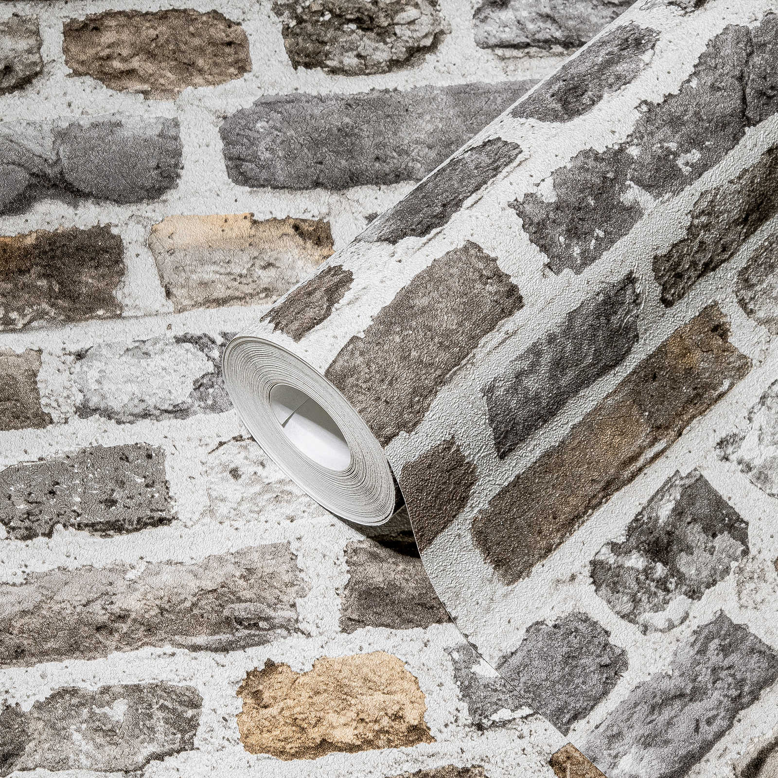             Ziegelwand Tapete Grau mit 3D Motiv – Grau
        