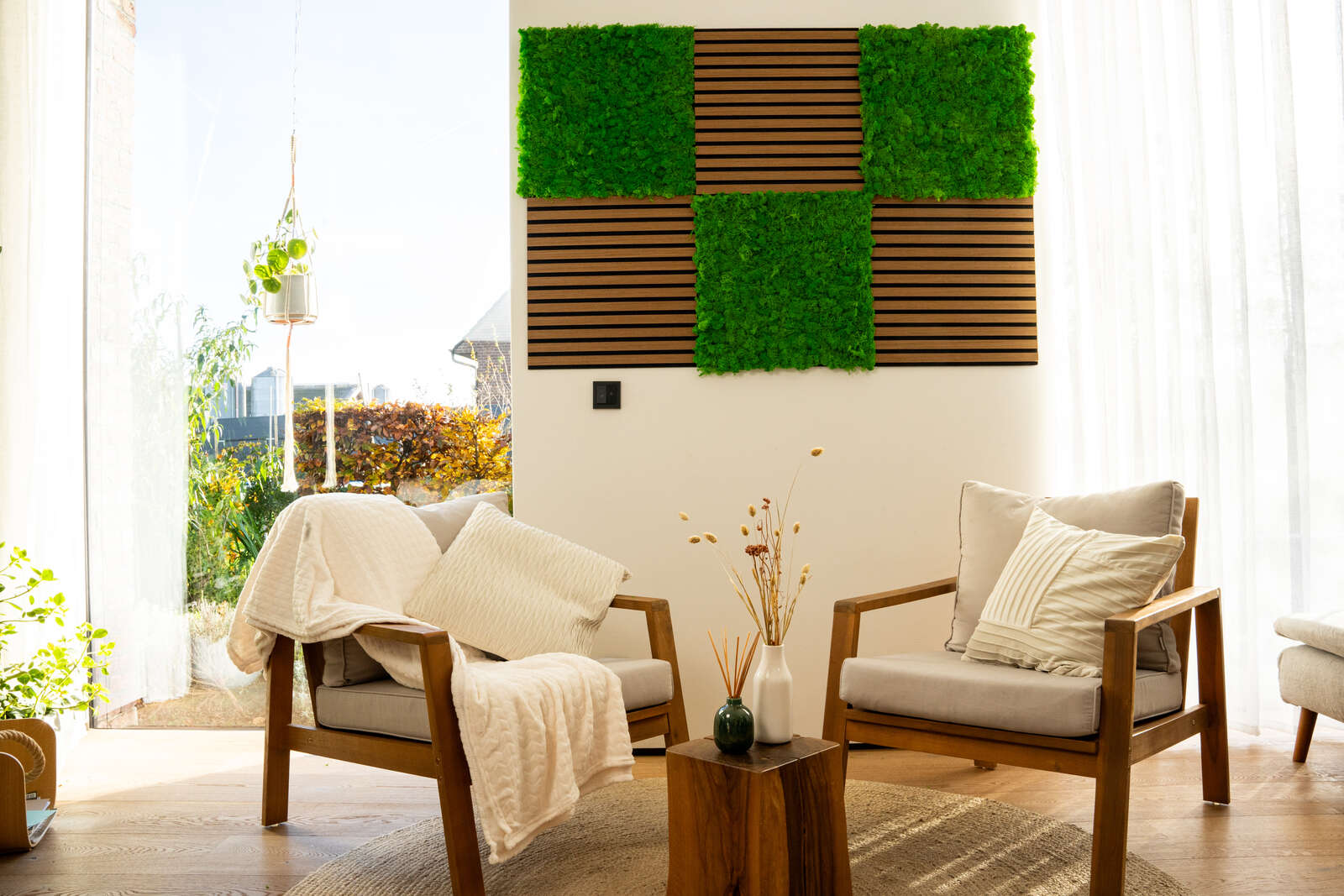 Wohnzimmer, Möbel, Lehnstuhl, Pflanzenwand, Holz
