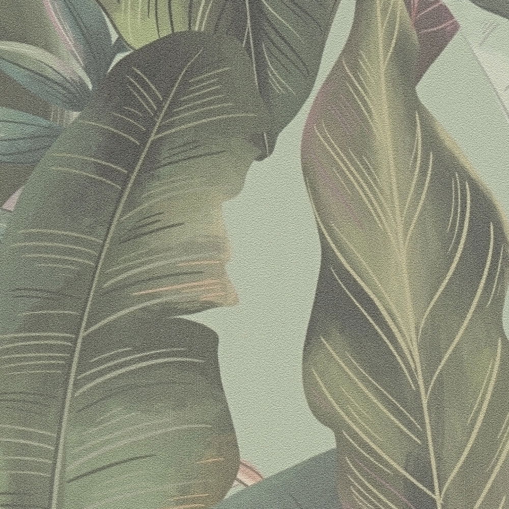             Florale Dschungeltapete mit Palmenblättern & Blüten strukturiert matt – Grün, Rosa, Rot
        