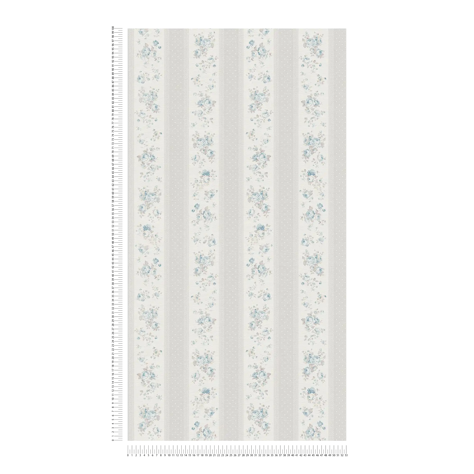 Vliestapete mit gepunkteten und floralen Streifen – Grau, Weiß, Blau