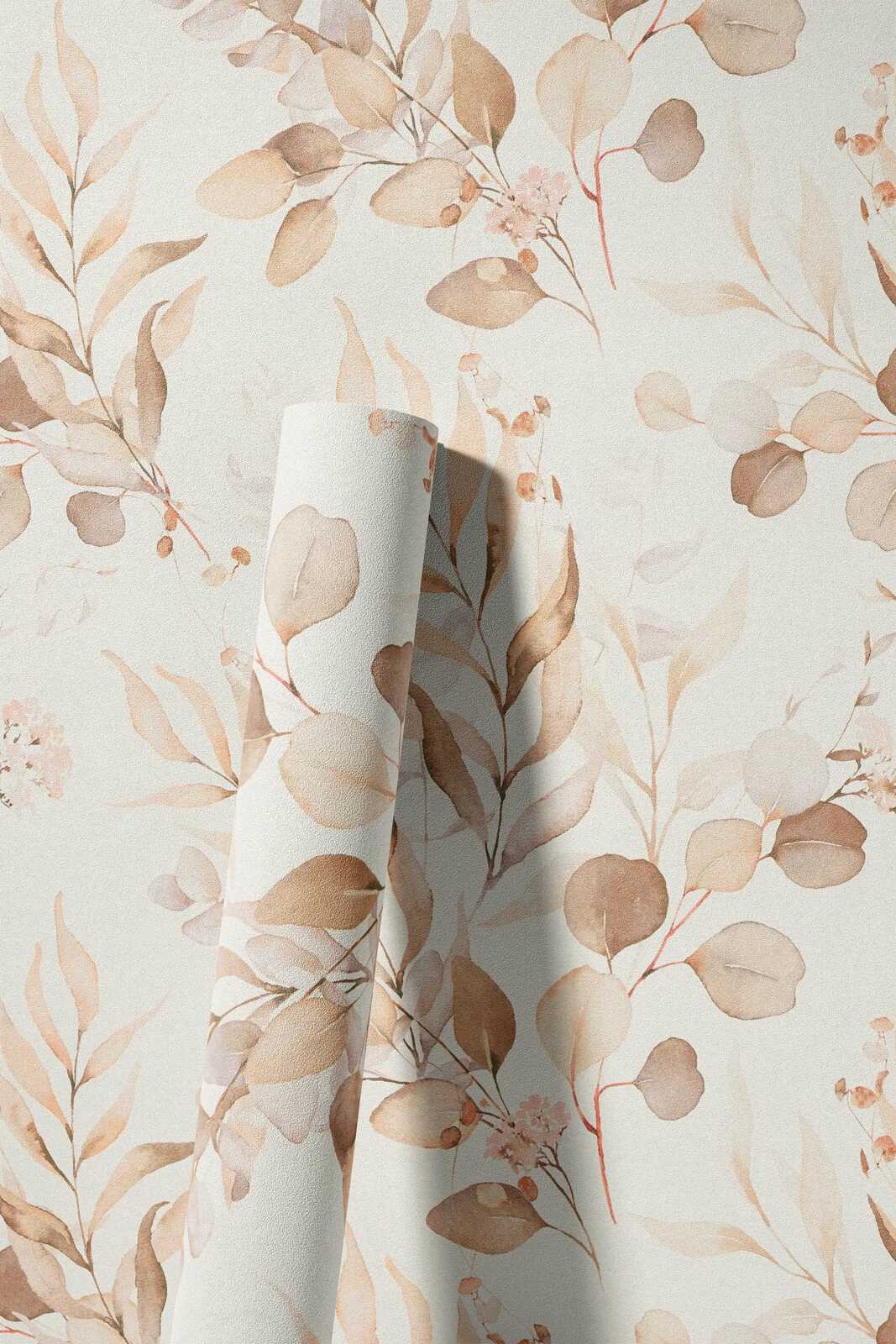             Vliestapete mit Aquarell Blatt-Motiv in warmen Farbtönen – Creme, Beige
        