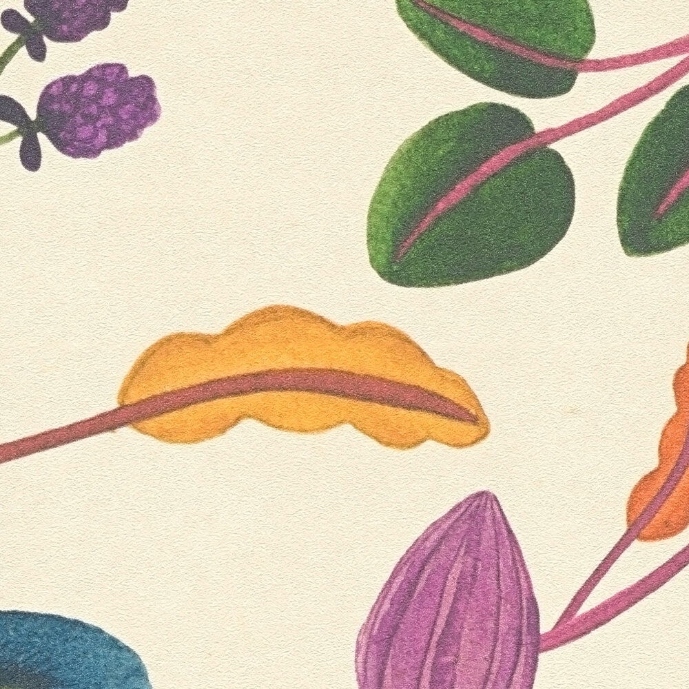             Lebhafte Vliestapete mit Blättermotiv im floralen Vintage-Stil und einfacher Struktur – Beige, Bunt
        