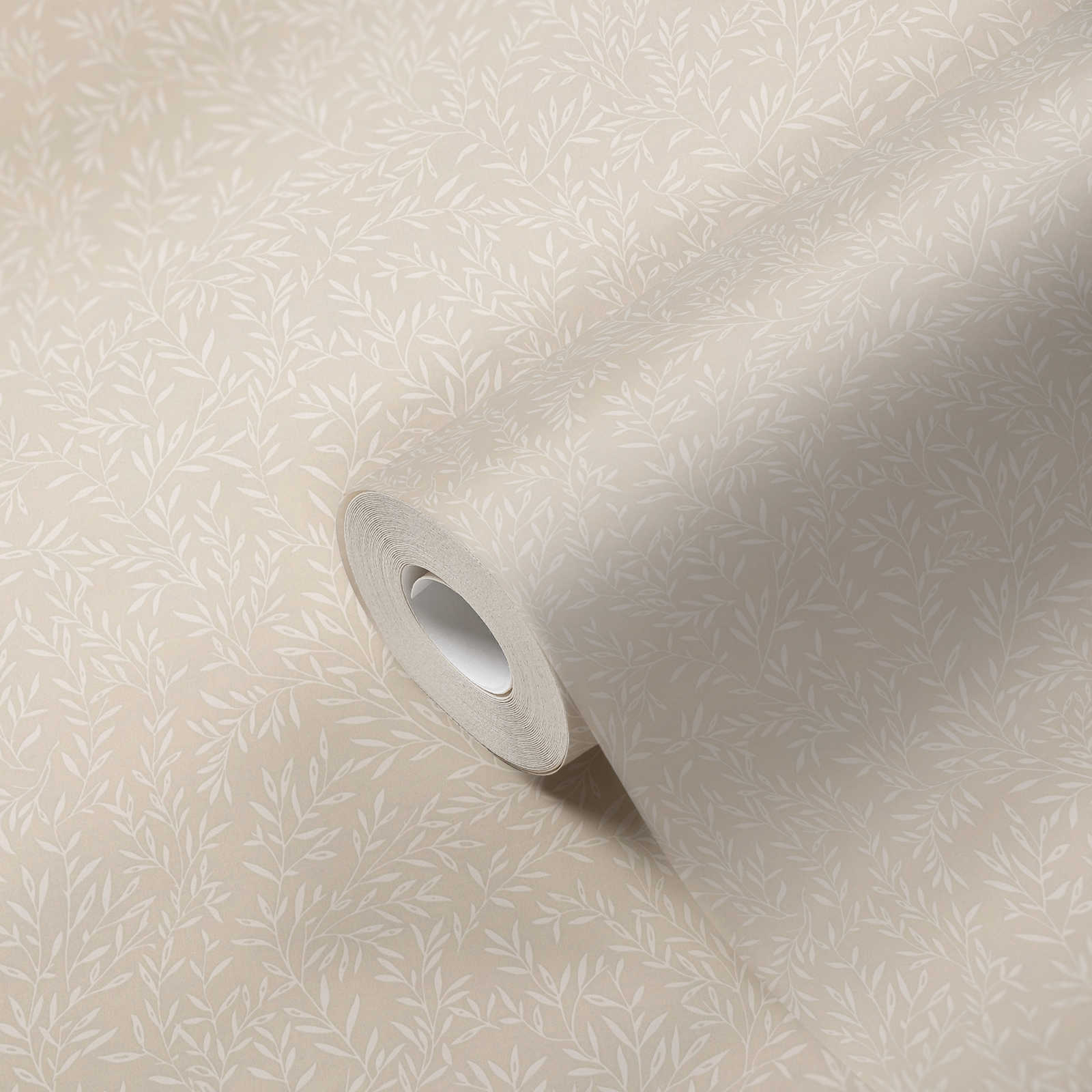 Landhaus Tapete mit Ranken Muster – Beige, Weiß